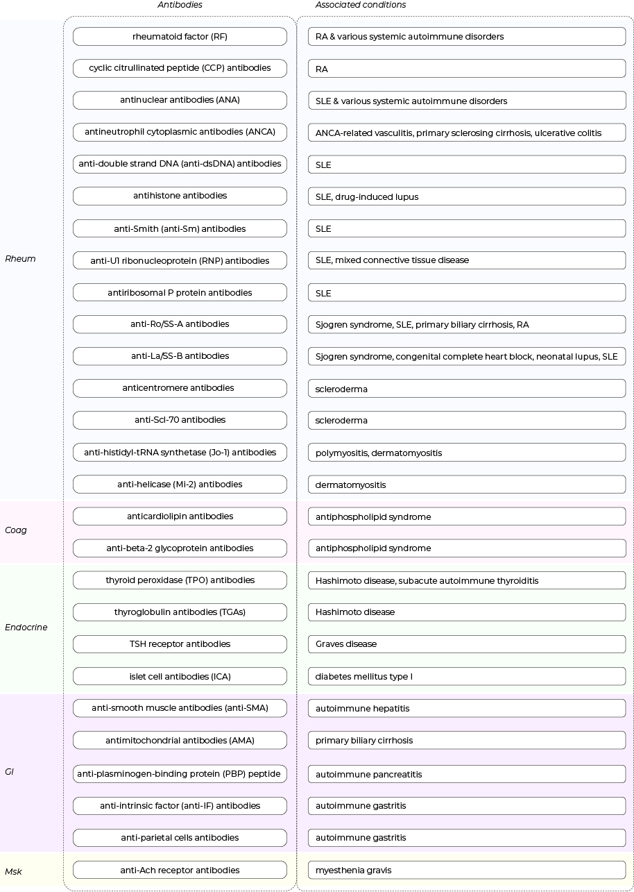chart of autoantibodies and associated conditions